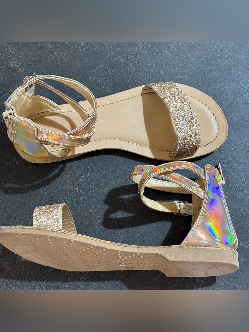 Arizona Jeans Co. Girls Sz 4 Holographic Rose Gold Glitter Ankle Strap Sandals